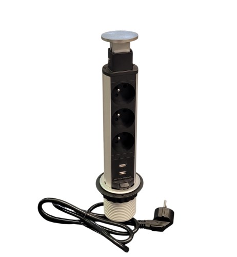 Gniazdo wpuszczane w blat okrągłe z przewodem ELEKTRIMA TUBUS  + 2x USB - Aluminium
