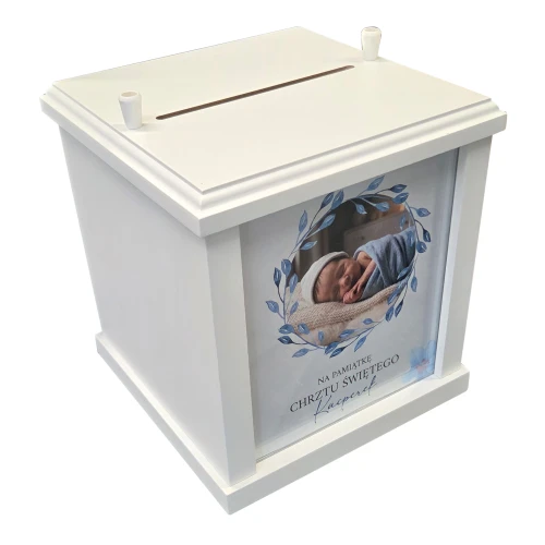 Skarbonka na pamiątkę Chrztu Świętego z własnym zdjęciem 20x20x20cm