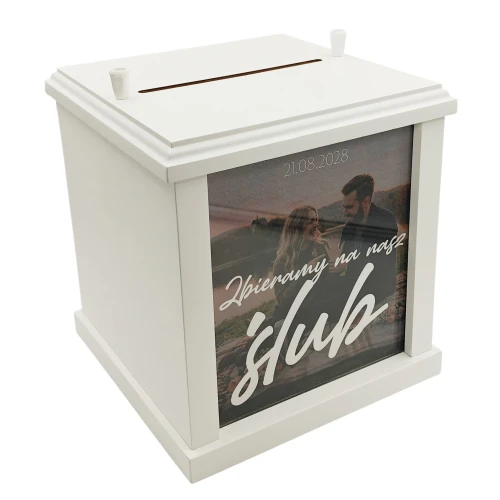 Skarbonka biała personalizowana ze zdjęciem 20x20x20 cm