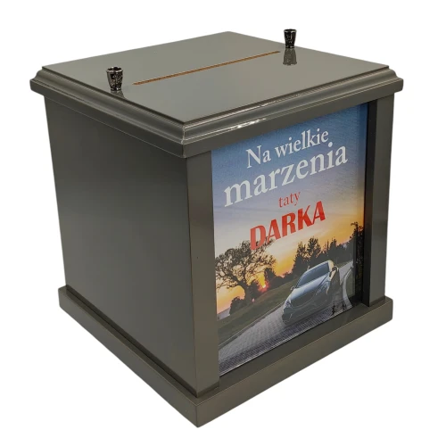 Skarbonka na prezent Dzień Taty z własnym zdjęciem 20×20×20 cm Szary Kwarc